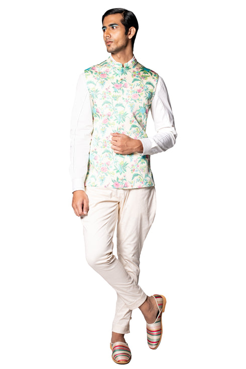MULTICOLOUR WALLPAPER DIGITISED HANDPAINTED OFFWHITE WAISTCOAT, FAGGOTTING DETAIL WHITE SHIRT AND OFFWHITE PANTS + MULTICOLOUR STRIPE SHOES